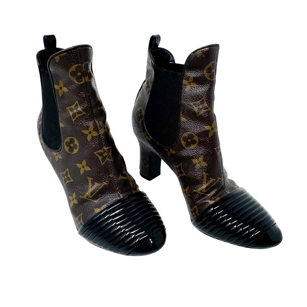 Louis Vuitton Monogram Revival Ankle Boots Size 37 Brown Logo Leather Block Heel